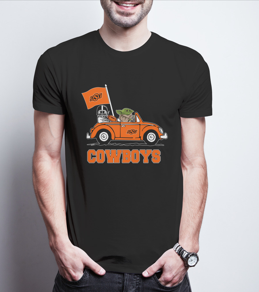 Oklahoma State Cowboys Darth Vader Baby Yoda Driving OsU Flag T-Shirt