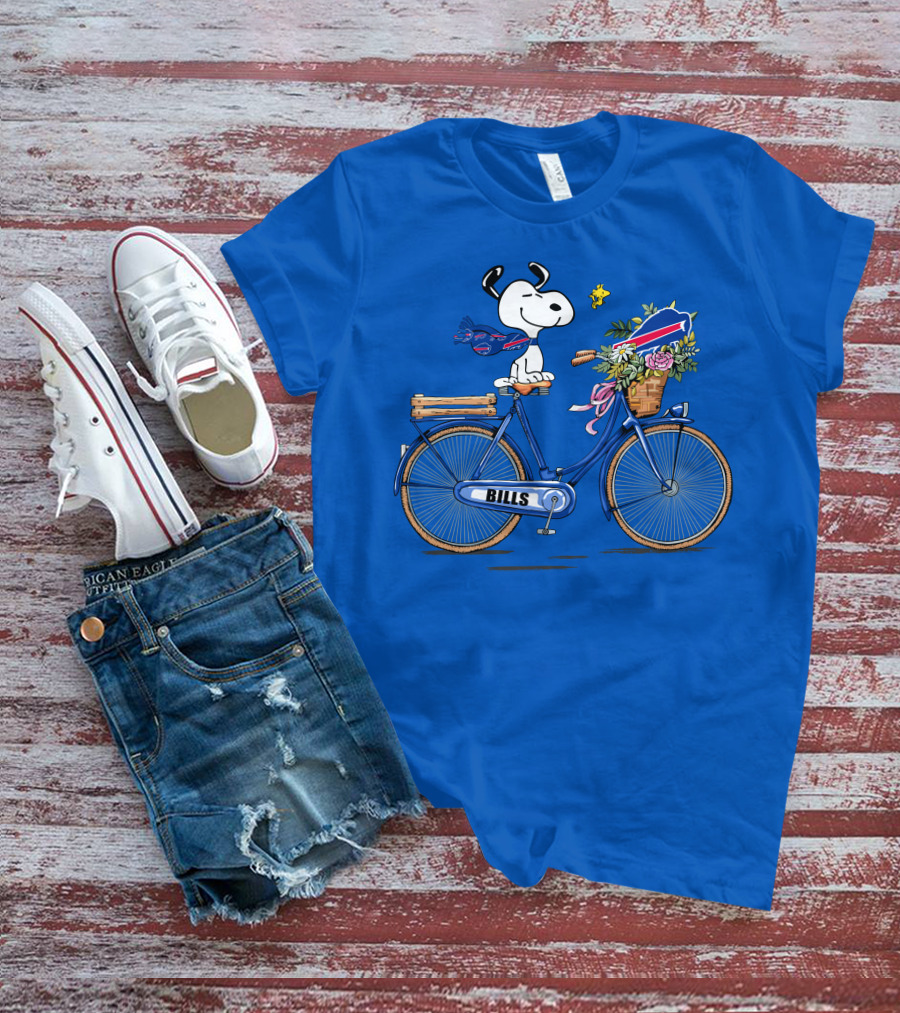 Buffalo Bills Snoopy Bicycle With Woodstock And Football Elements T-Shirt