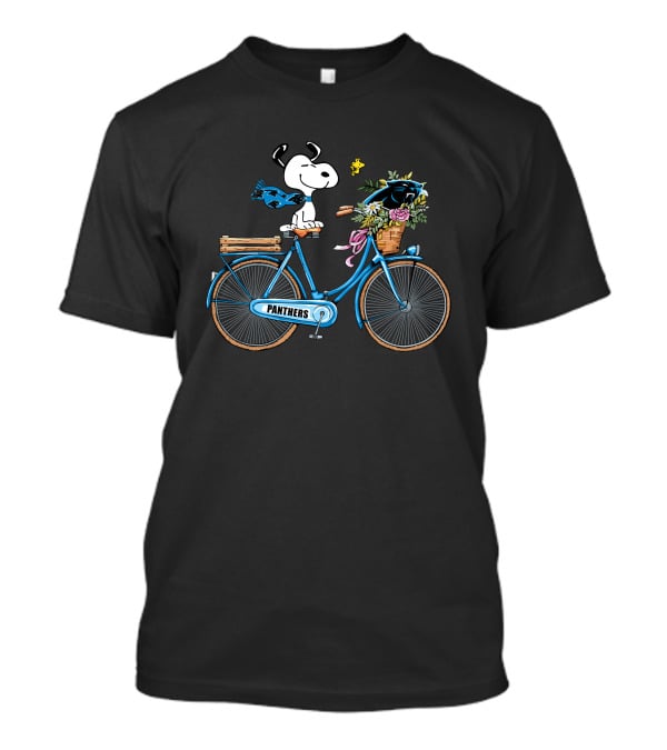 Panthers Snoopy On Bicycle With Flowers And Woodstock T-Shirt
