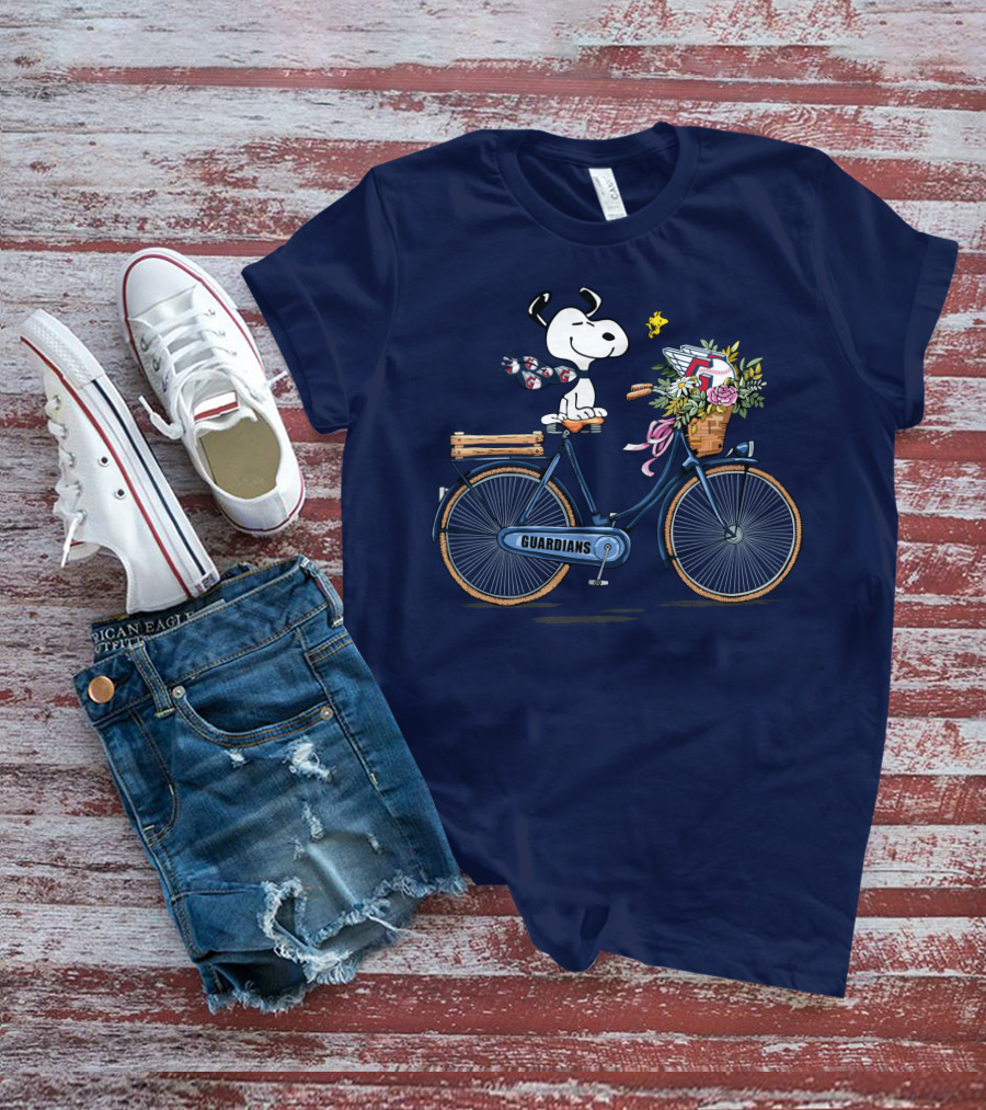 Cleveland Guardians Snoopy Riding Bicycle With Flowers And Baseball Bow Tie T-Shirt