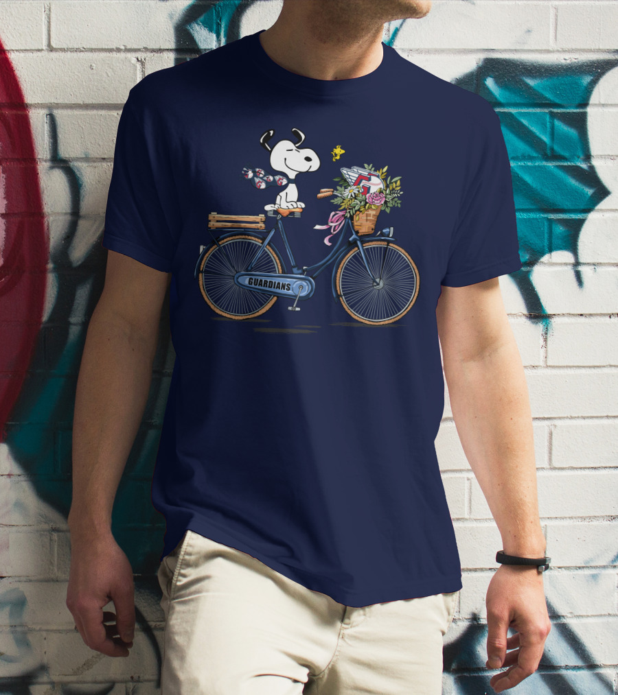 Cleveland Guardians Snoopy Riding Bicycle With Flowers And Baseball Bow Tie T-Shirt