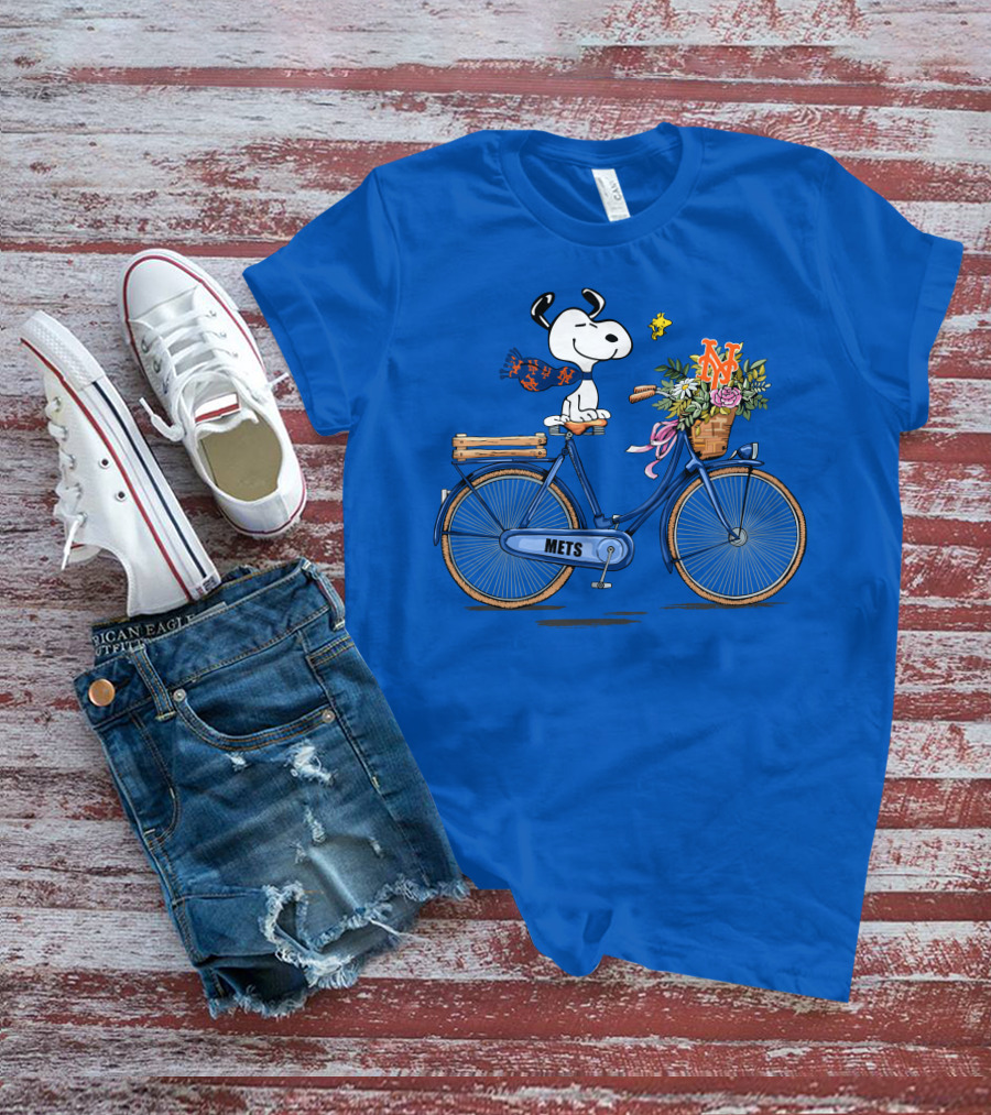 New York Mets Snoopy Bicycle Adventure With Baseball And Woodstock T-Shirt