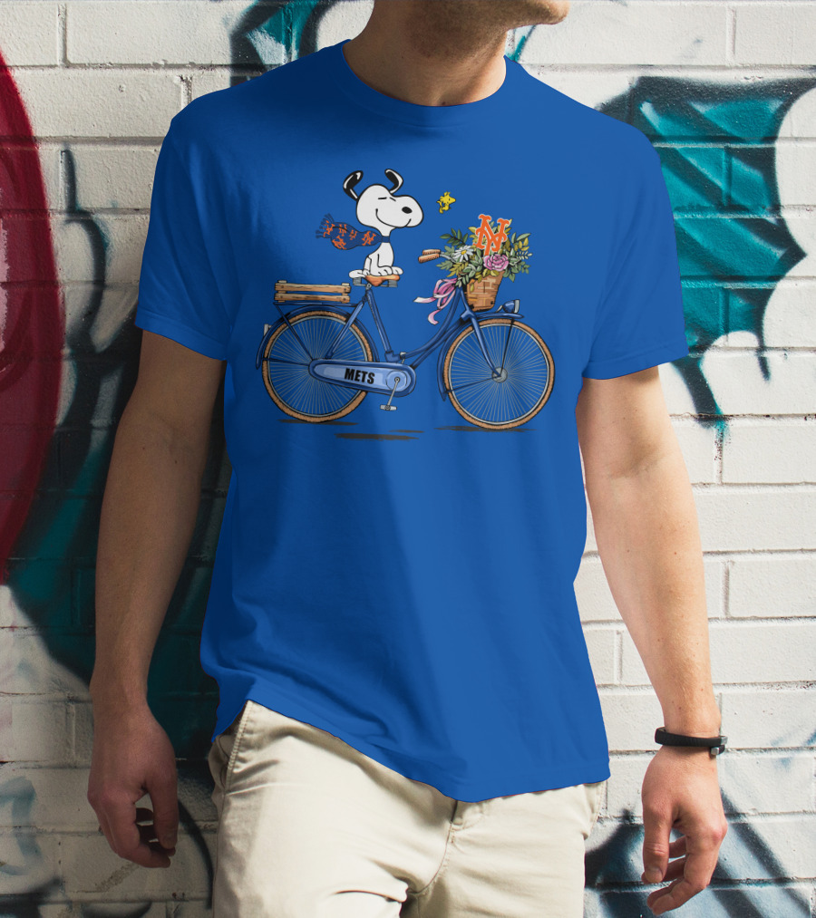 New York Mets Snoopy Bicycle Adventure With Baseball And Woodstock T-Shirt