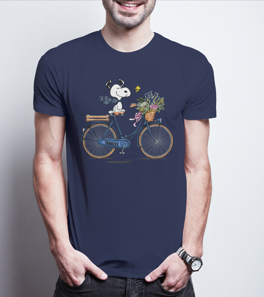 New York Yankees Snoopy On Bicycle With Woodstock And Flowers T-Shirt