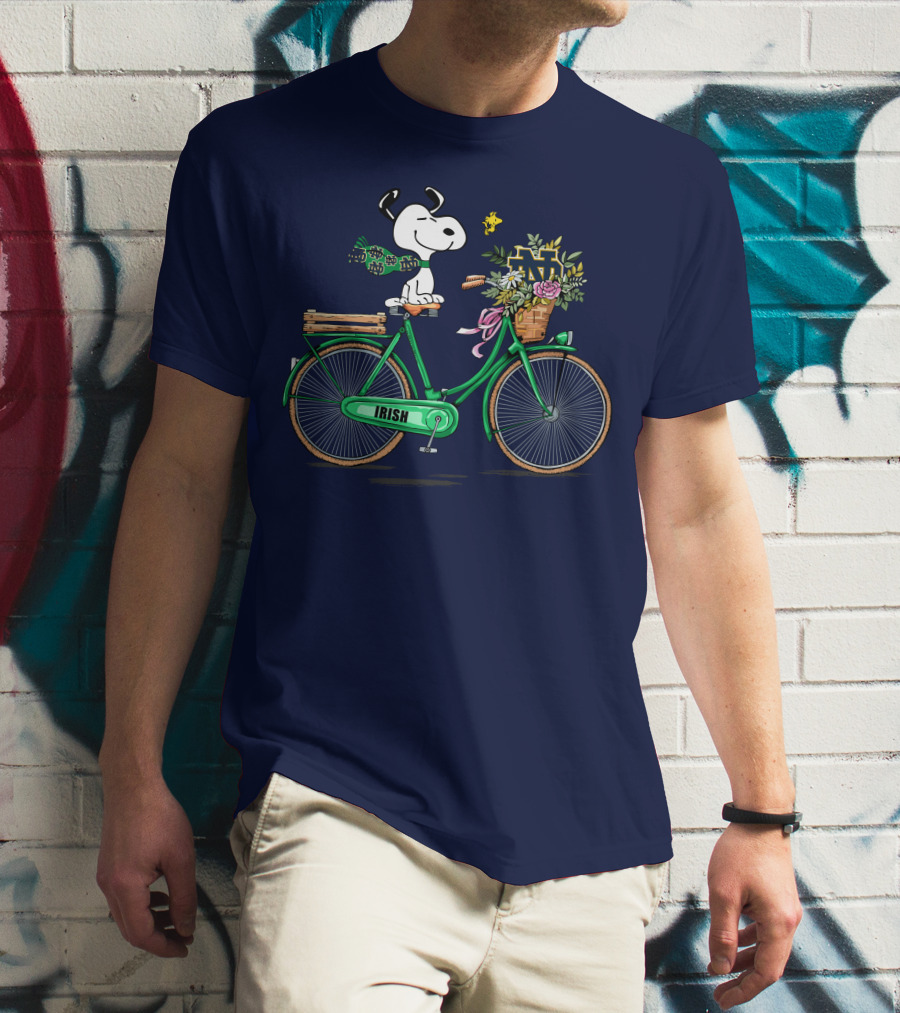 Notre Dame Fighting Irish Snoopy On Bicycle With Flowers And Woodstock T-Shirt