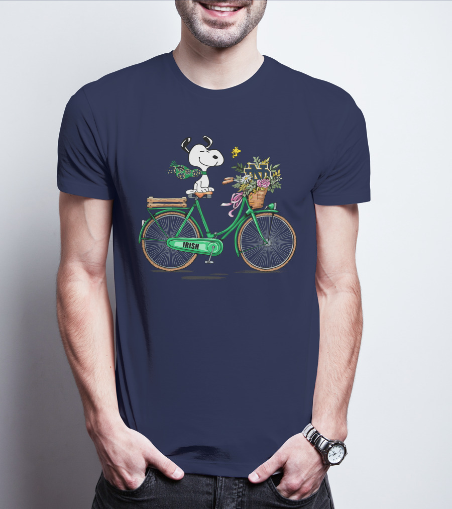 Notre Dame Fighting Irish Snoopy On Bicycle With Flowers And Woodstock T-Shirt
