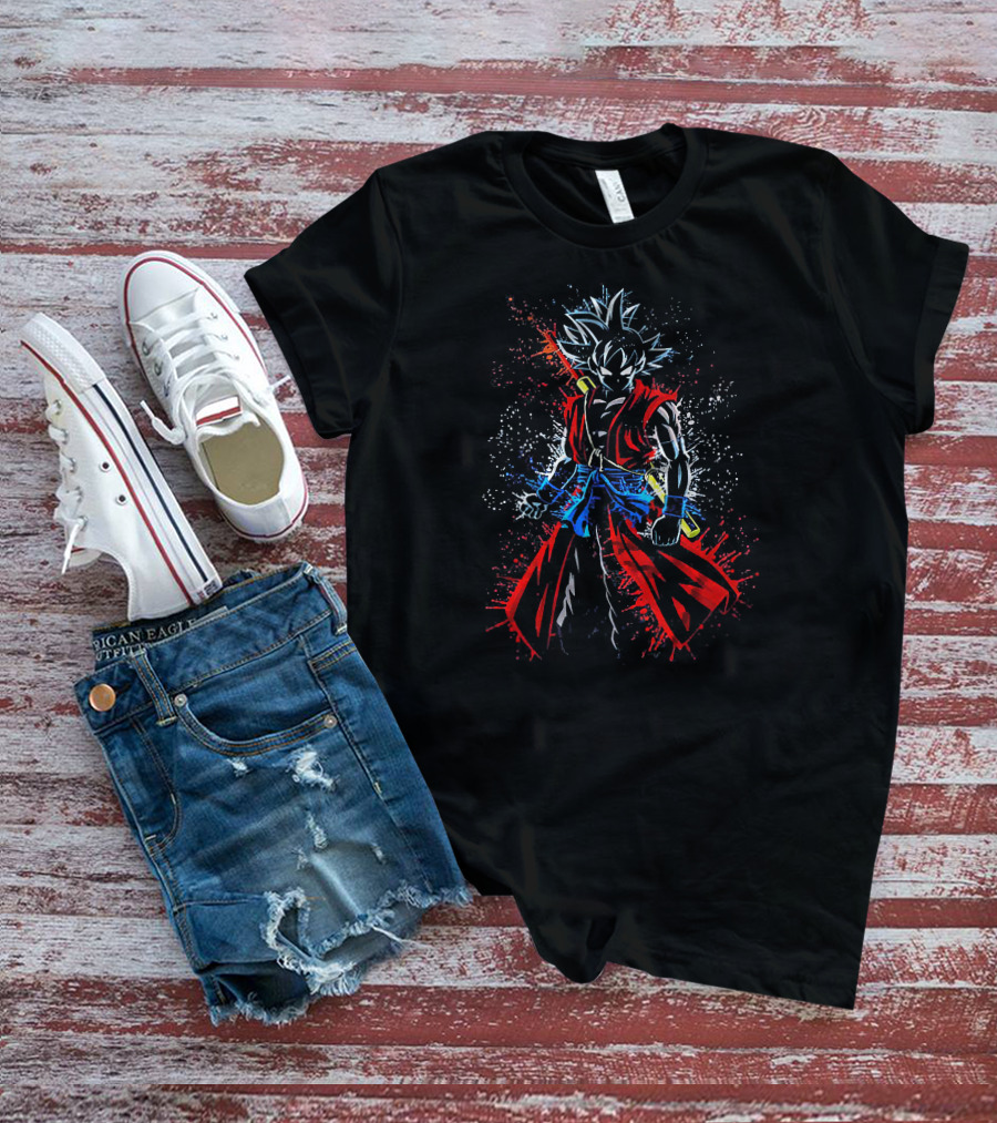 Son Goku Samurai Warrior Fusion With Epic Sword And Dynamic Splash Brush Strokes T-Shirt