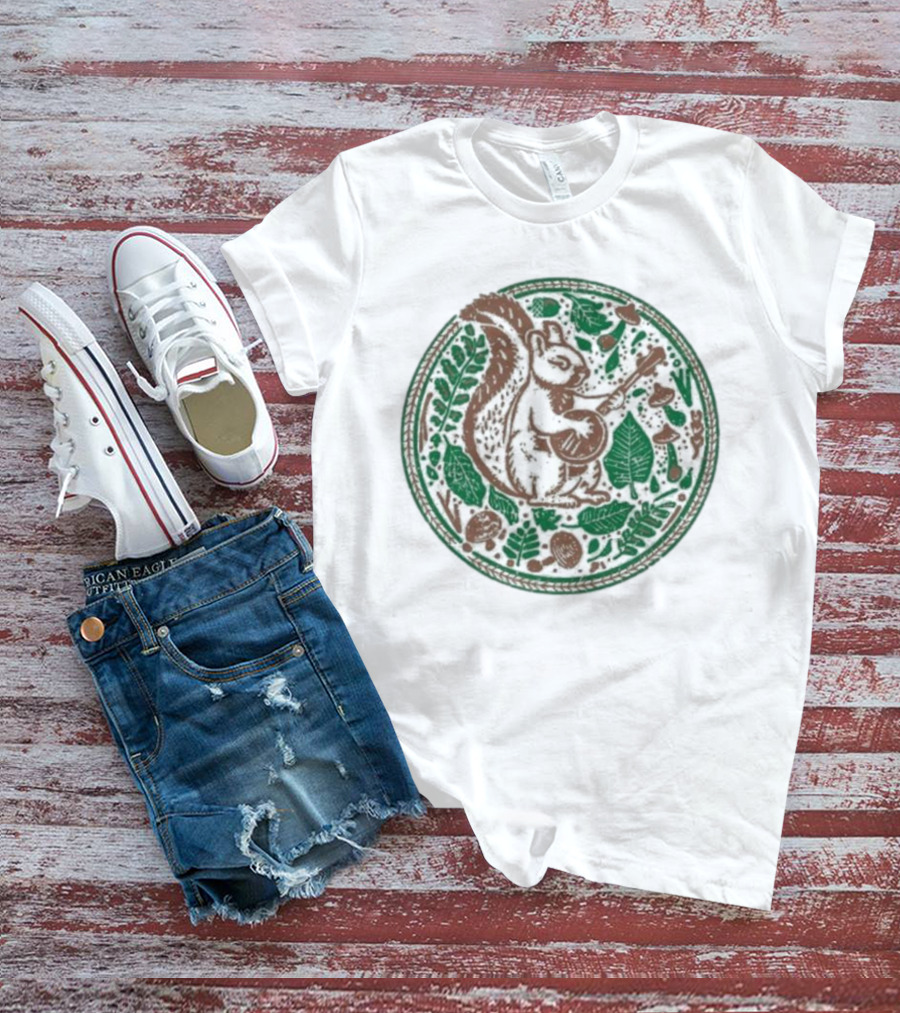 Squirrel Playing Banjo Nature Acorns Leaves Mushrooms T-Shirt