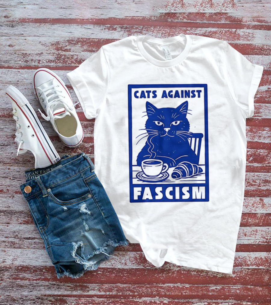 Cats Against Fascism Coffee And Croissant T-Shirt