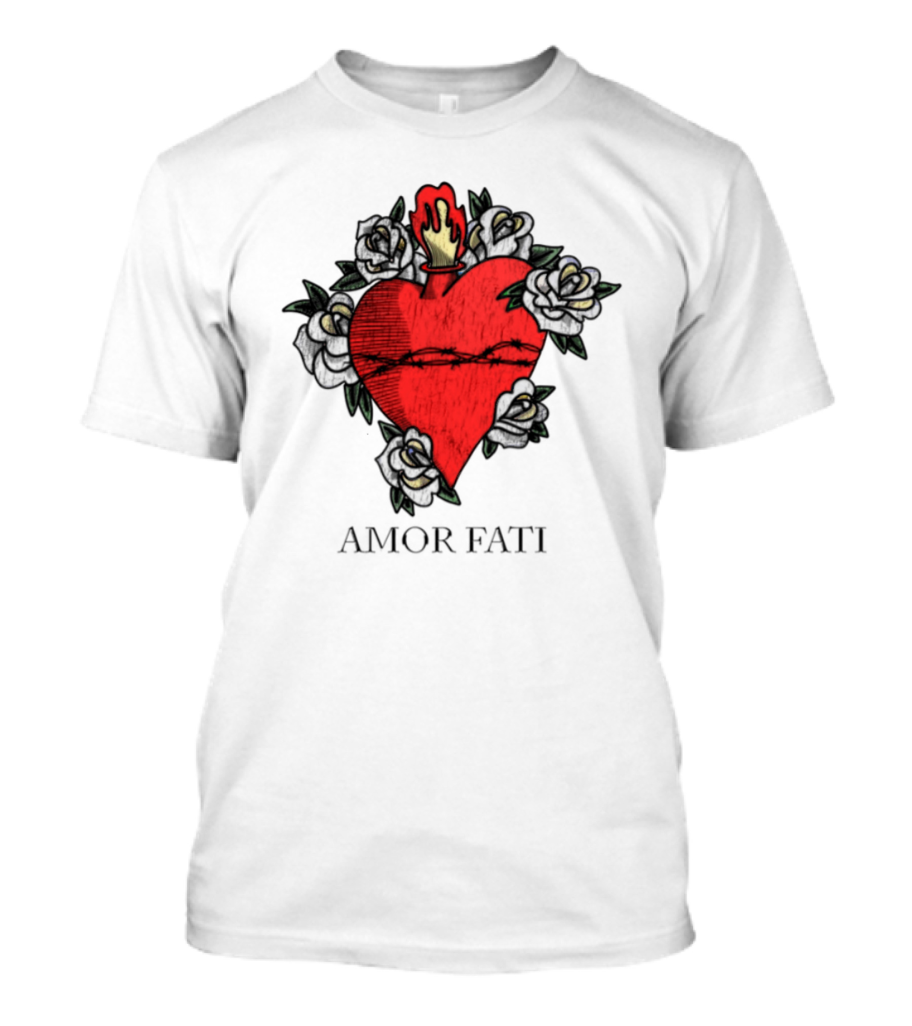 Amor Fati Sacred Heart Barbed Wire Roses Flame T-Shirt