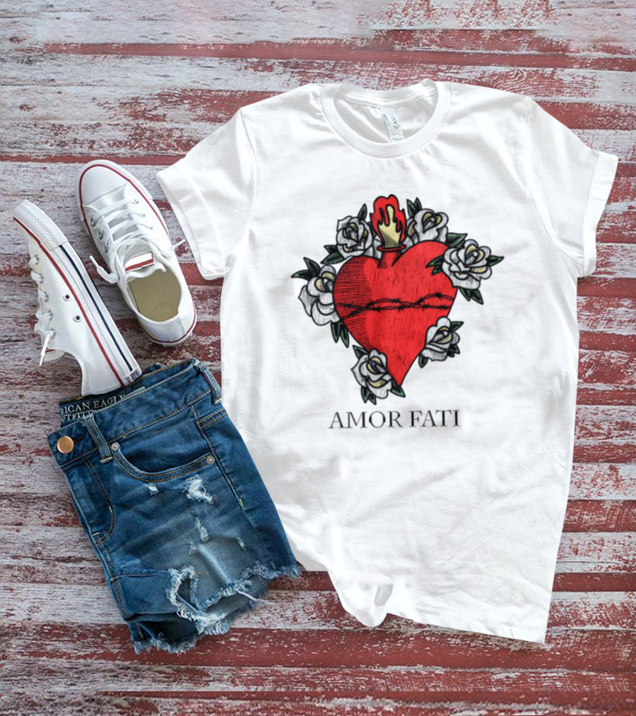 Amor Fati Sacred Heart Barbed Wire Roses Flame T-Shirt