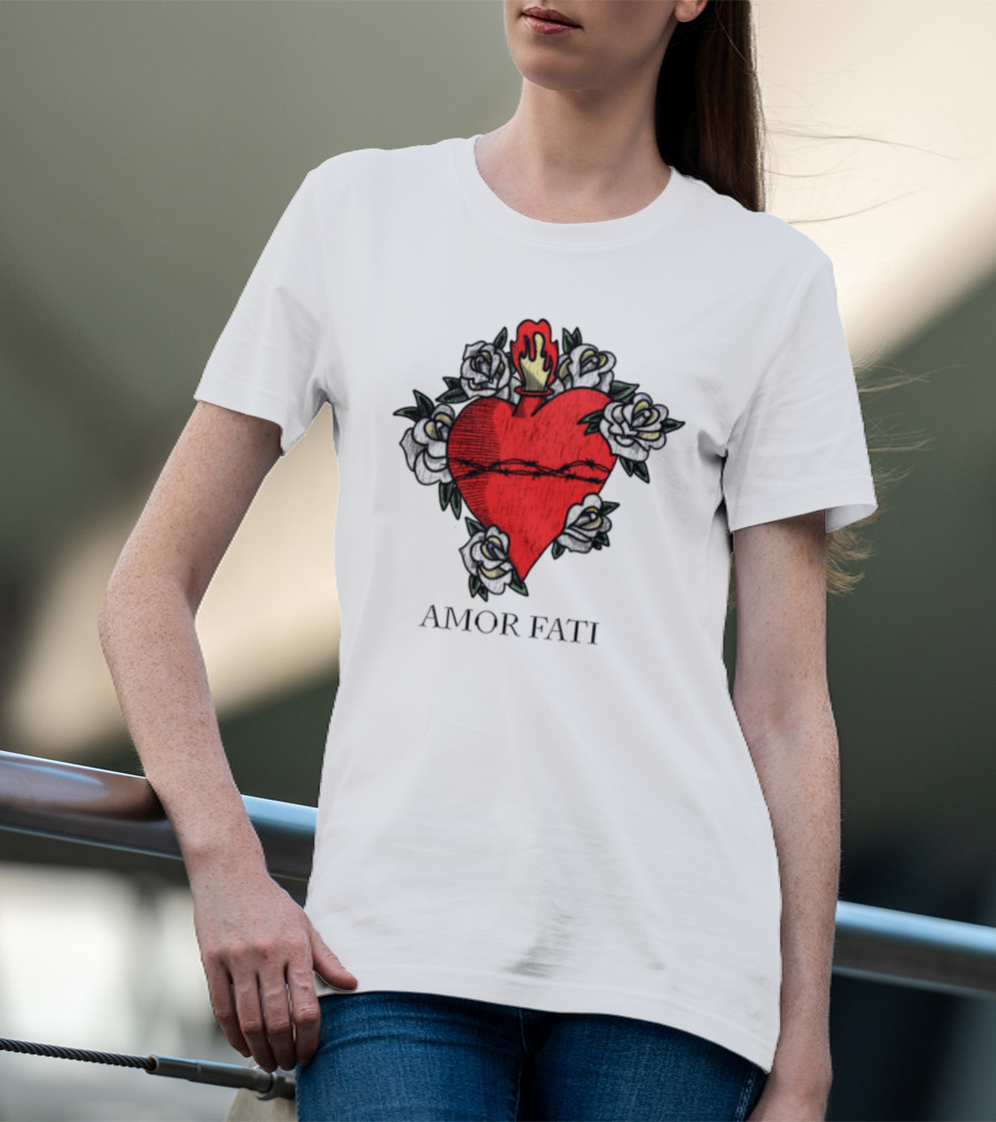 Amor Fati Sacred Heart Barbed Wire Roses Flame T-Shirt