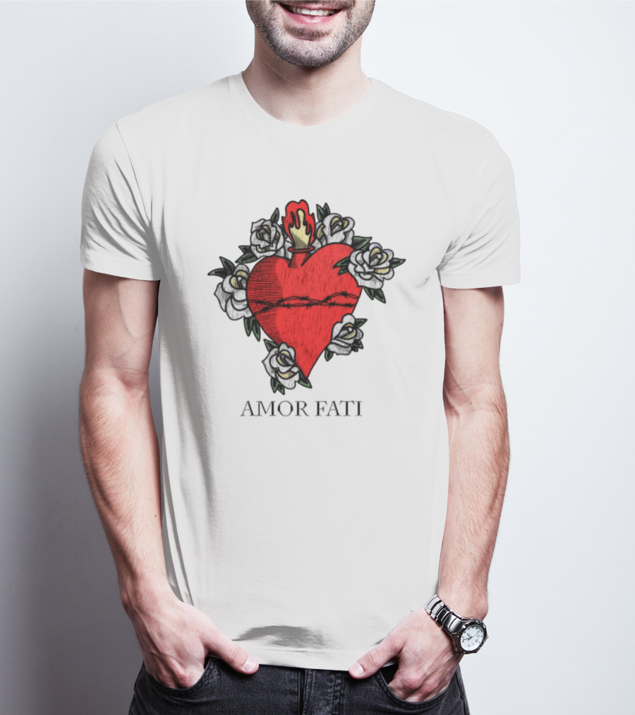 Amor Fati Sacred Heart Barbed Wire Roses Flame T-Shirt