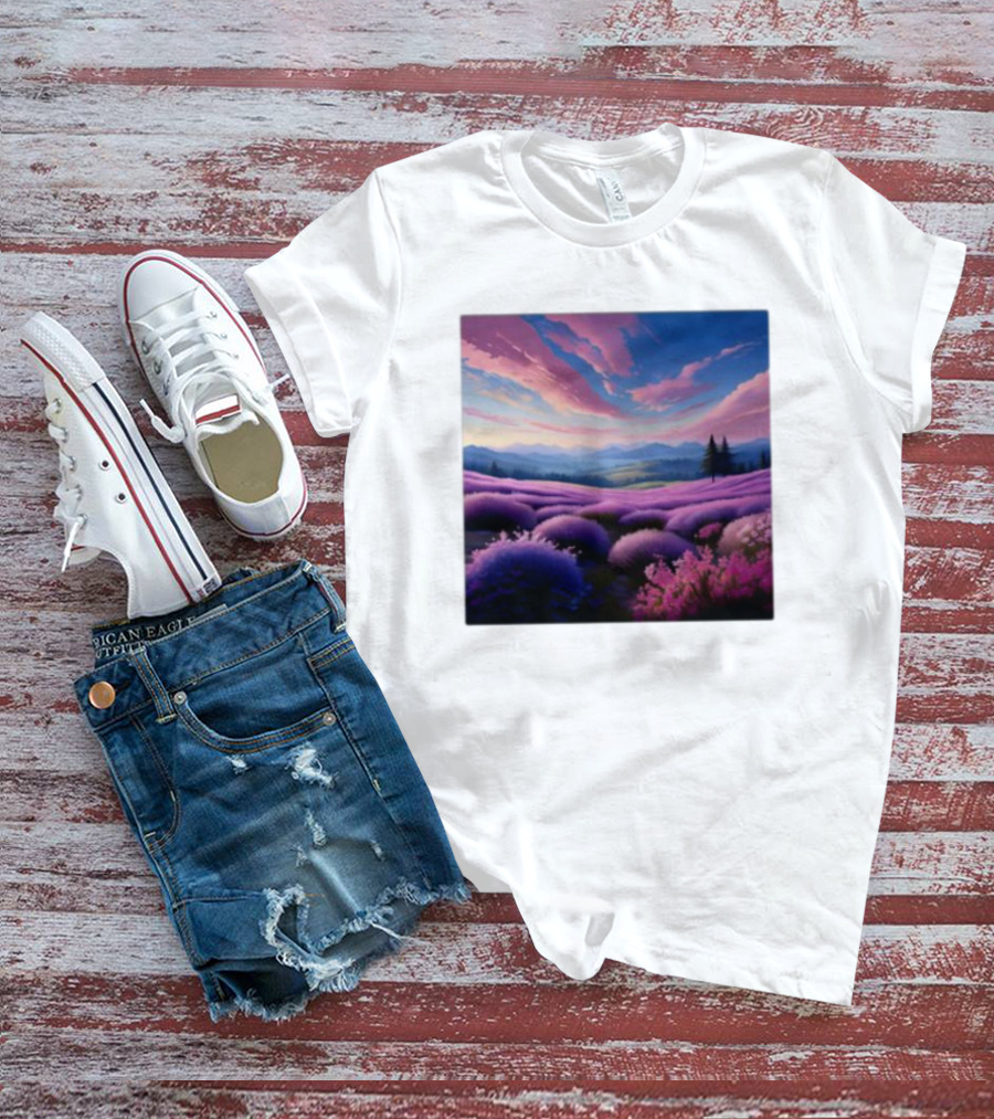 Her Radiant Bloom Lavender Sunset Landscape With Pink And Purple Sky T-Shirt