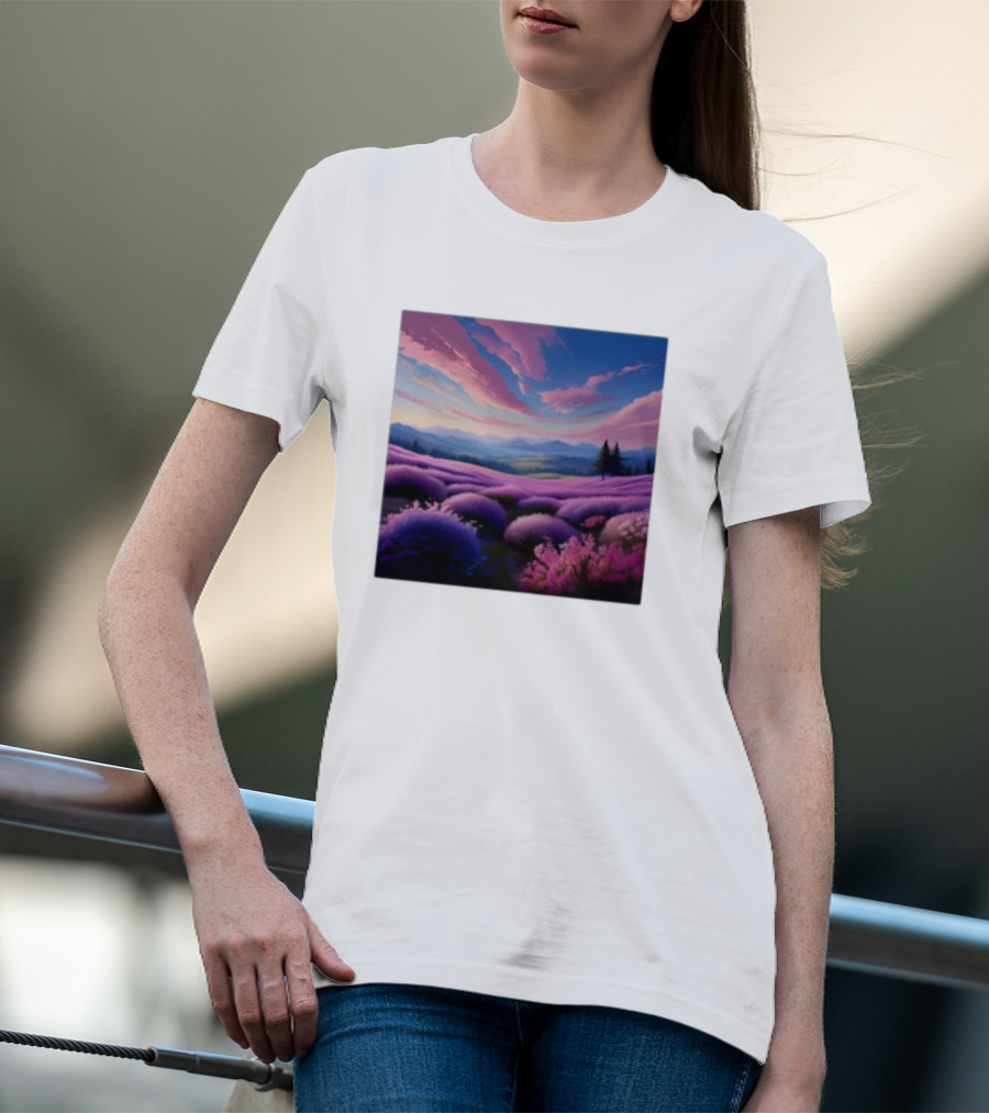 Her Radiant Bloom Lavender Sunset Landscape With Pink And Purple Sky T-Shirt