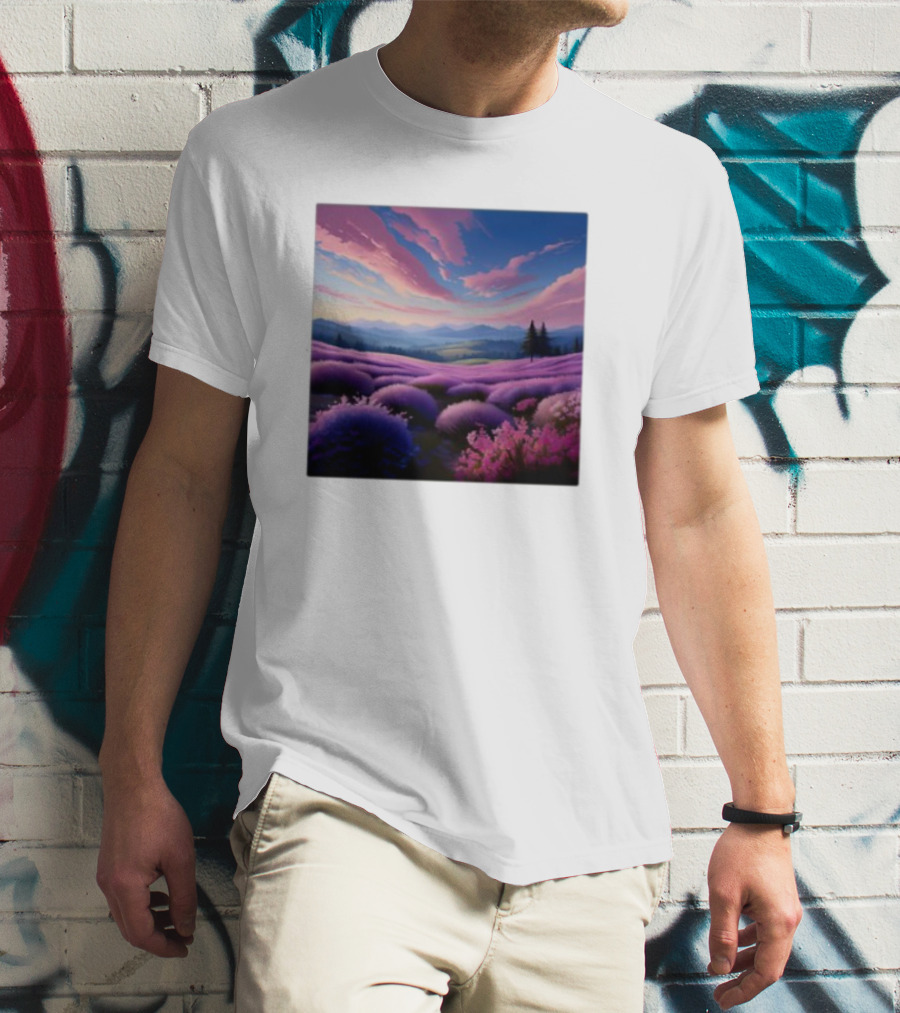 Her Radiant Bloom Lavender Sunset Landscape With Pink And Purple Sky T-Shirt