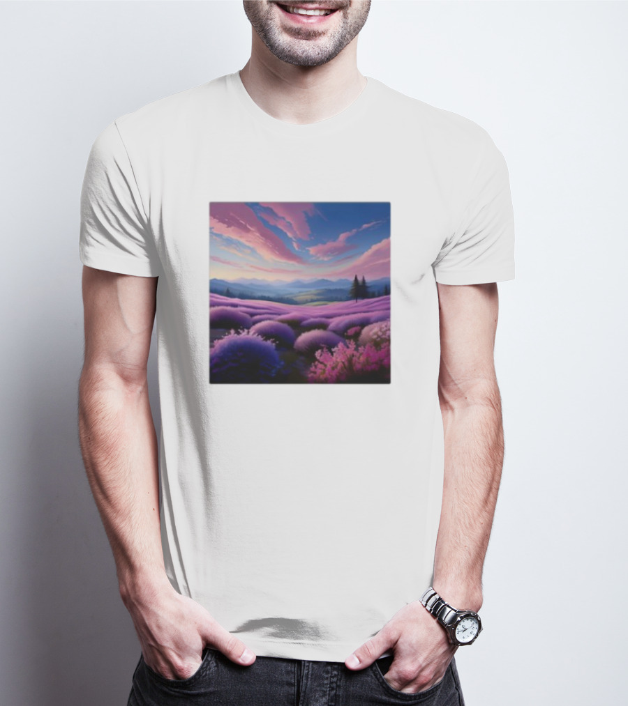 Her Radiant Bloom Lavender Sunset Landscape With Pink And Purple Sky T-Shirt