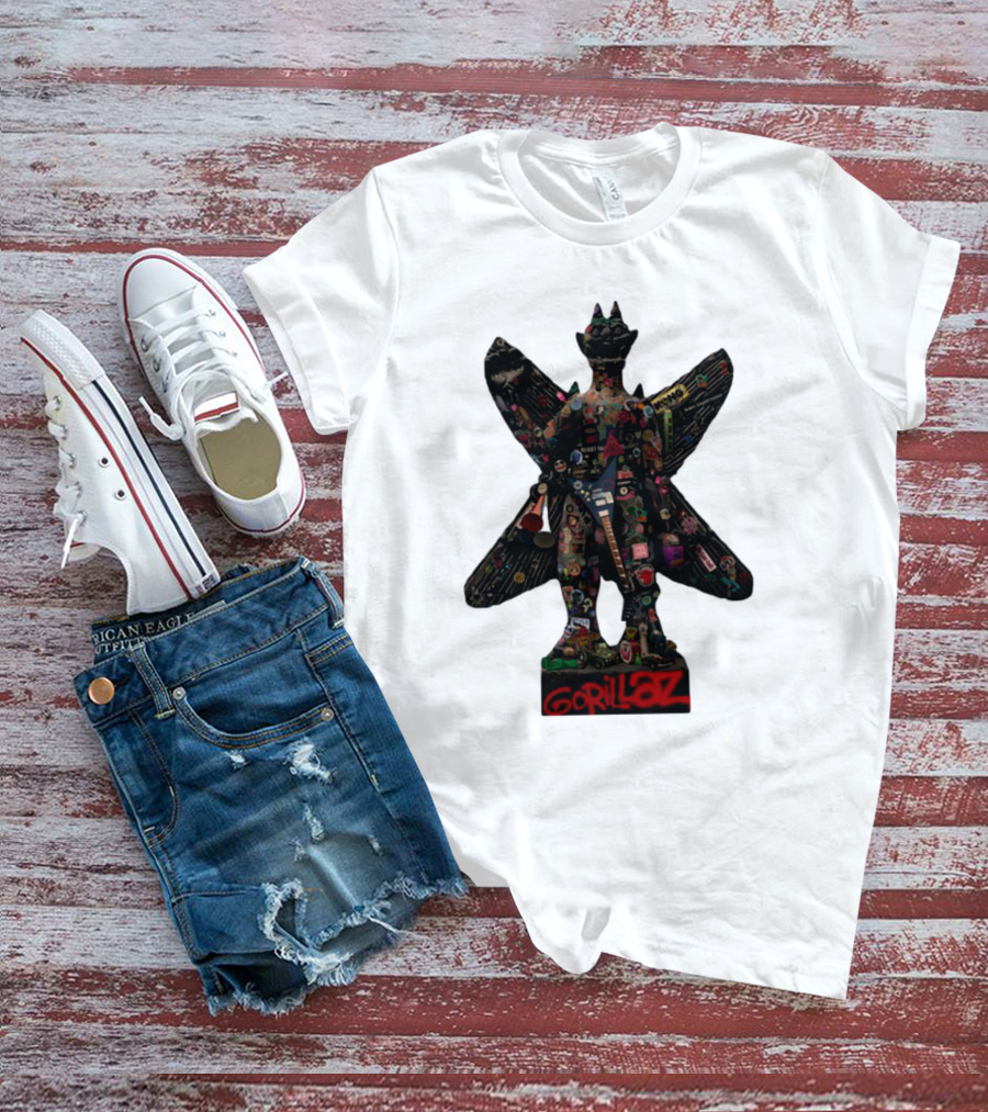 Gorillaz Iconic Pazuzu Figure With Music And Cultural Symbols T-Shirt