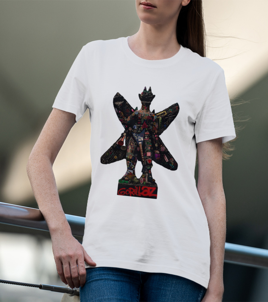 Gorillaz Iconic Pazuzu Figure With Music And Cultural Symbols T-Shirt