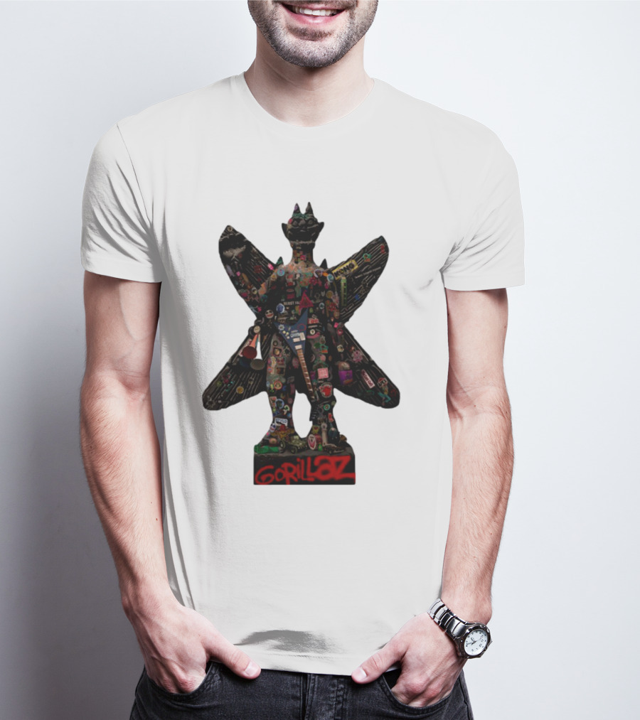 Gorillaz Iconic Pazuzu Figure With Music And Cultural Symbols T-Shirt