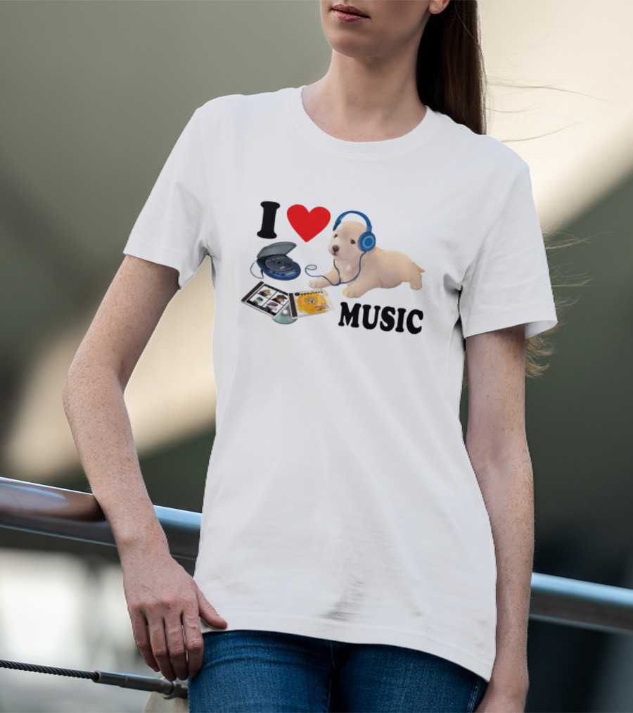 I Love Music Dog Headphones CD Player Album Puppy T-Shirt