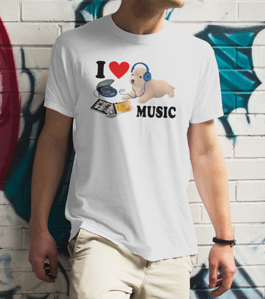 I Love Music Dog Headphones CD Player Album Puppy T-Shirt