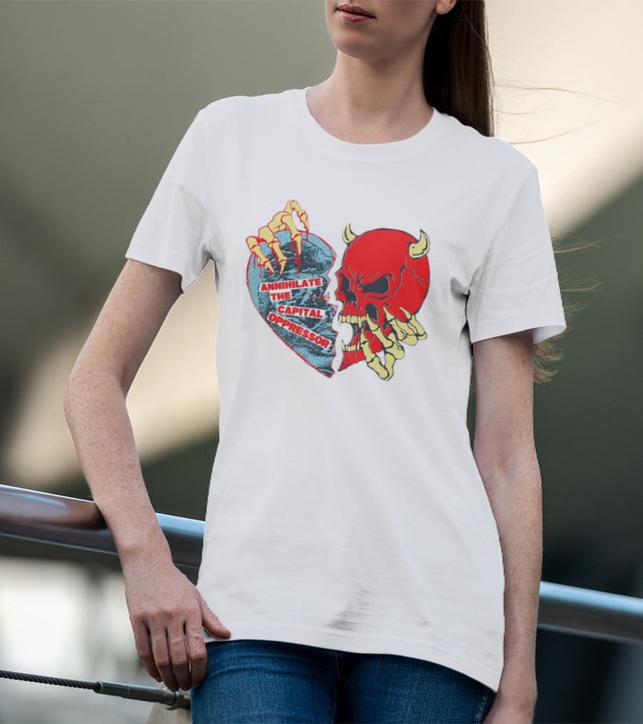 Annihilate The Capital Oppressor Red Skull And Skeleton Heart Design T-Shirt