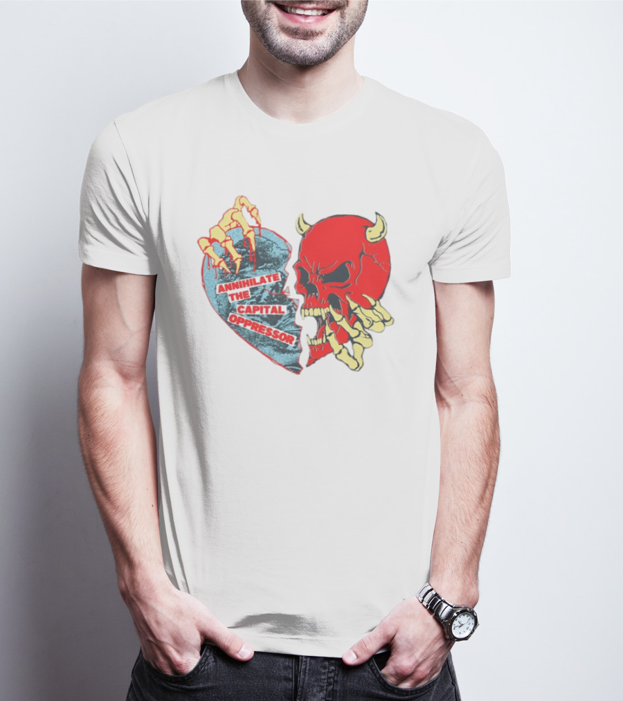 Annihilate The Capital Oppressor Red Skull And Skeleton Heart Design T-Shirt