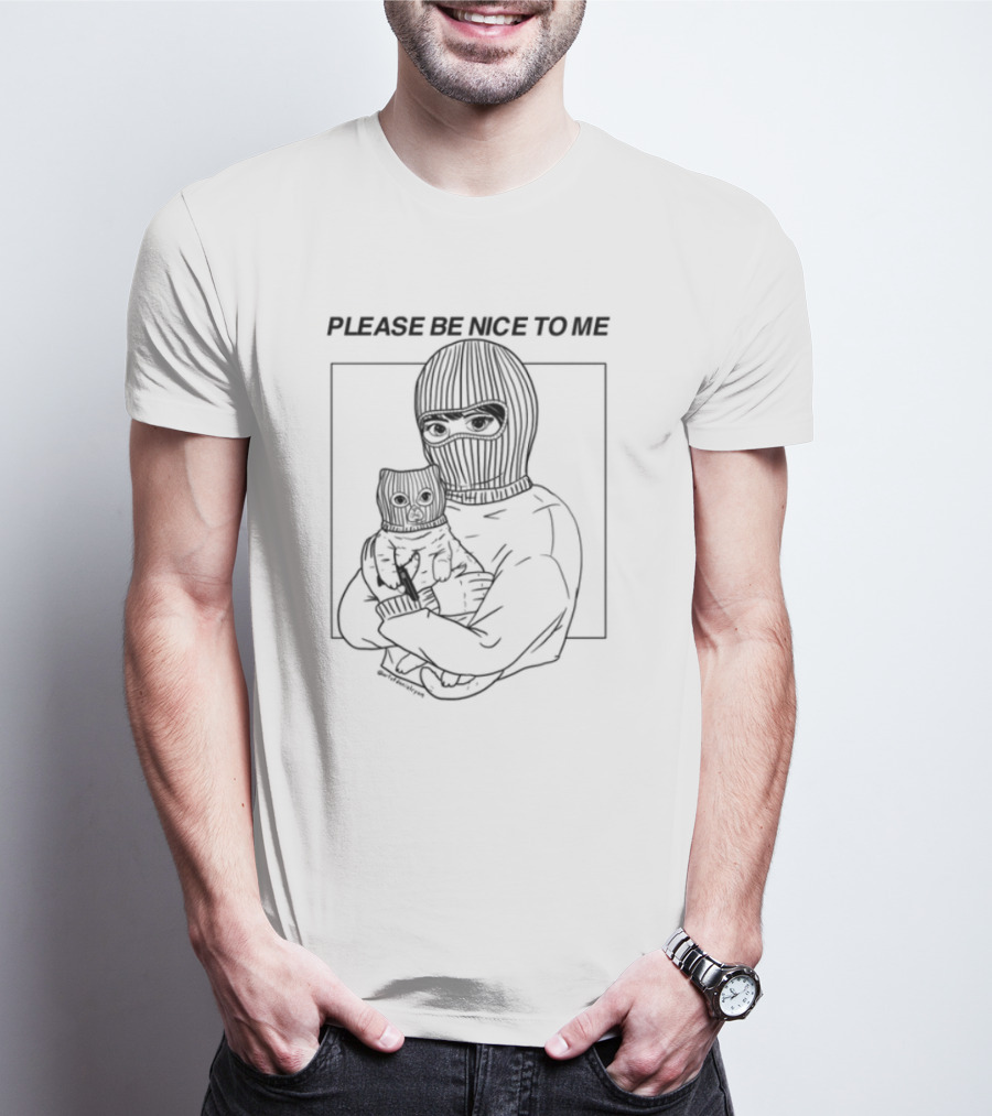 Please Be Nice To Me Masked Figure Hugging Cat T-Shirt