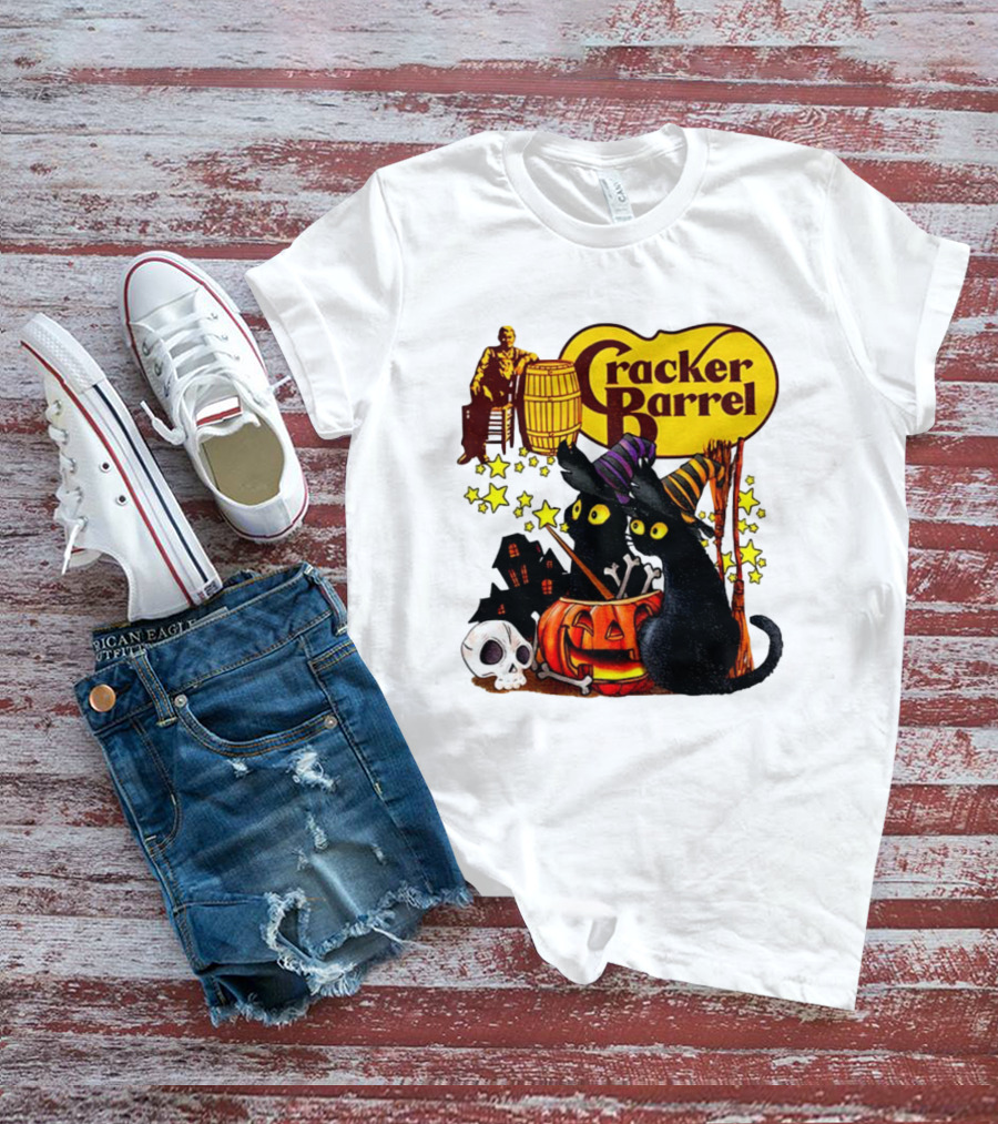 Cracker Barrel Halloween 2025 Black Cat Witches Pumpkin Stars Skulls T-Shirt