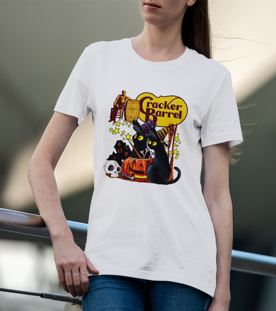 Cracker Barrel Halloween 2025 Black Cat Witches Pumpkin Stars Skulls T-Shirt