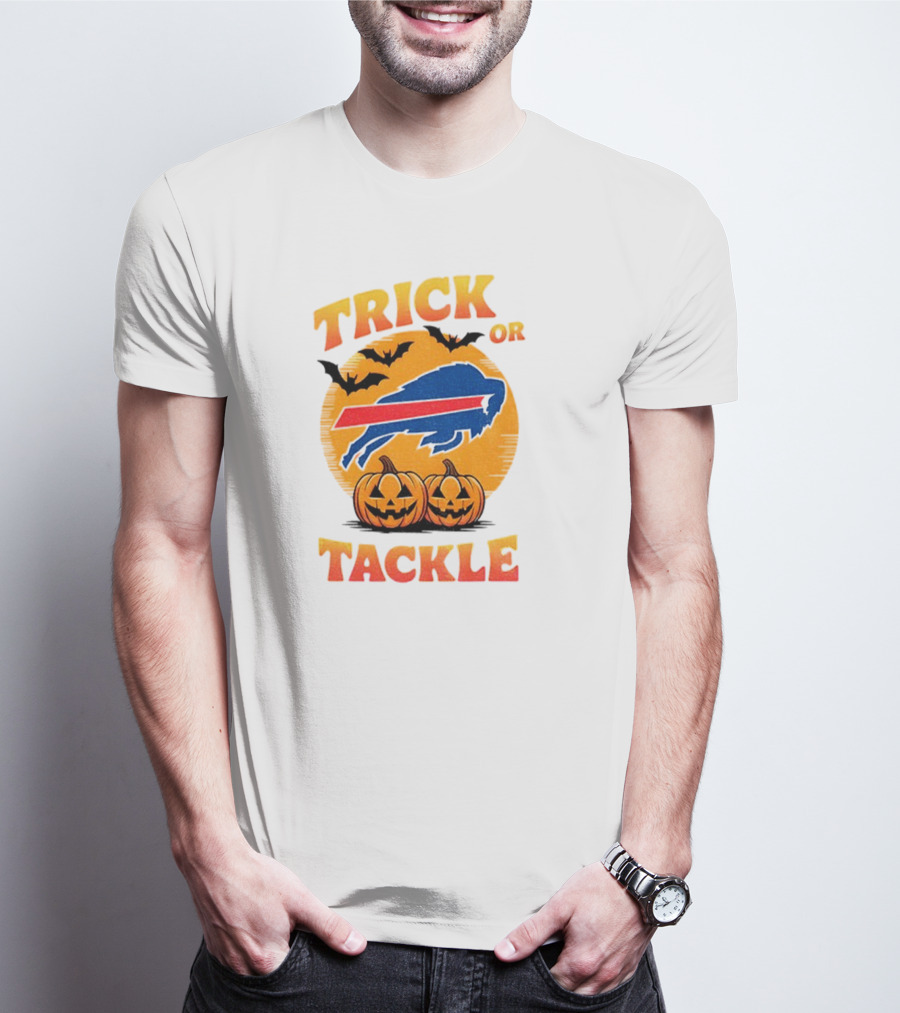 Buffalo Bills Trick Or Tackle Halloween Pumpkins And Bats T-Shirt