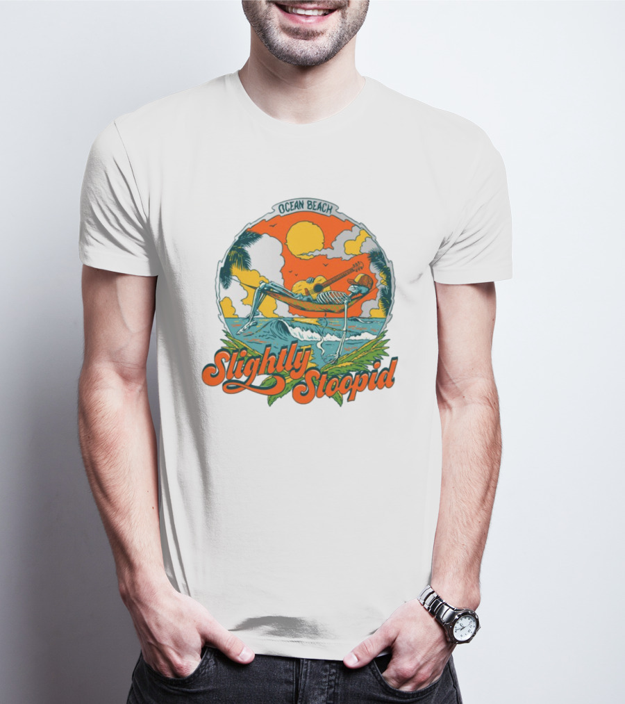 Slightly Stoopid Ocean Beach Skeleton Hammock Sun Guitar T-Shirt