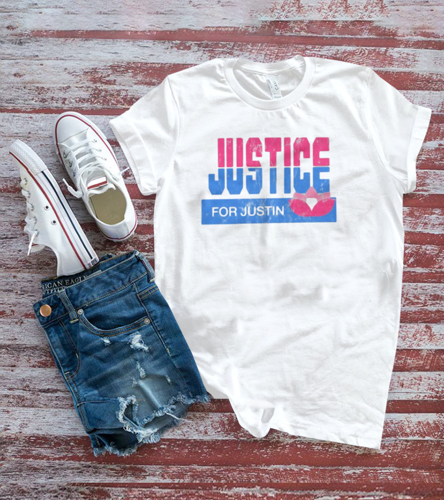 Justice For Justin LGBTQ Pride Pink And Blue Bold Text With Heart Symbol T-Shirt