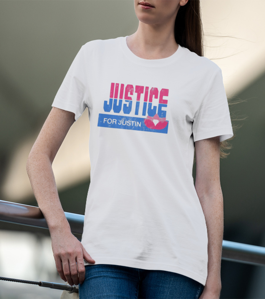 Justice For Justin LGBTQ Pride Pink And Blue Bold Text With Heart Symbol T-Shirt