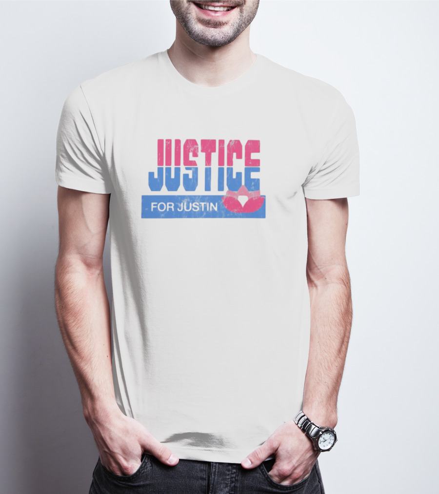 Justice For Justin LGBTQ Pride Pink And Blue Bold Text With Heart Symbol T-Shirt