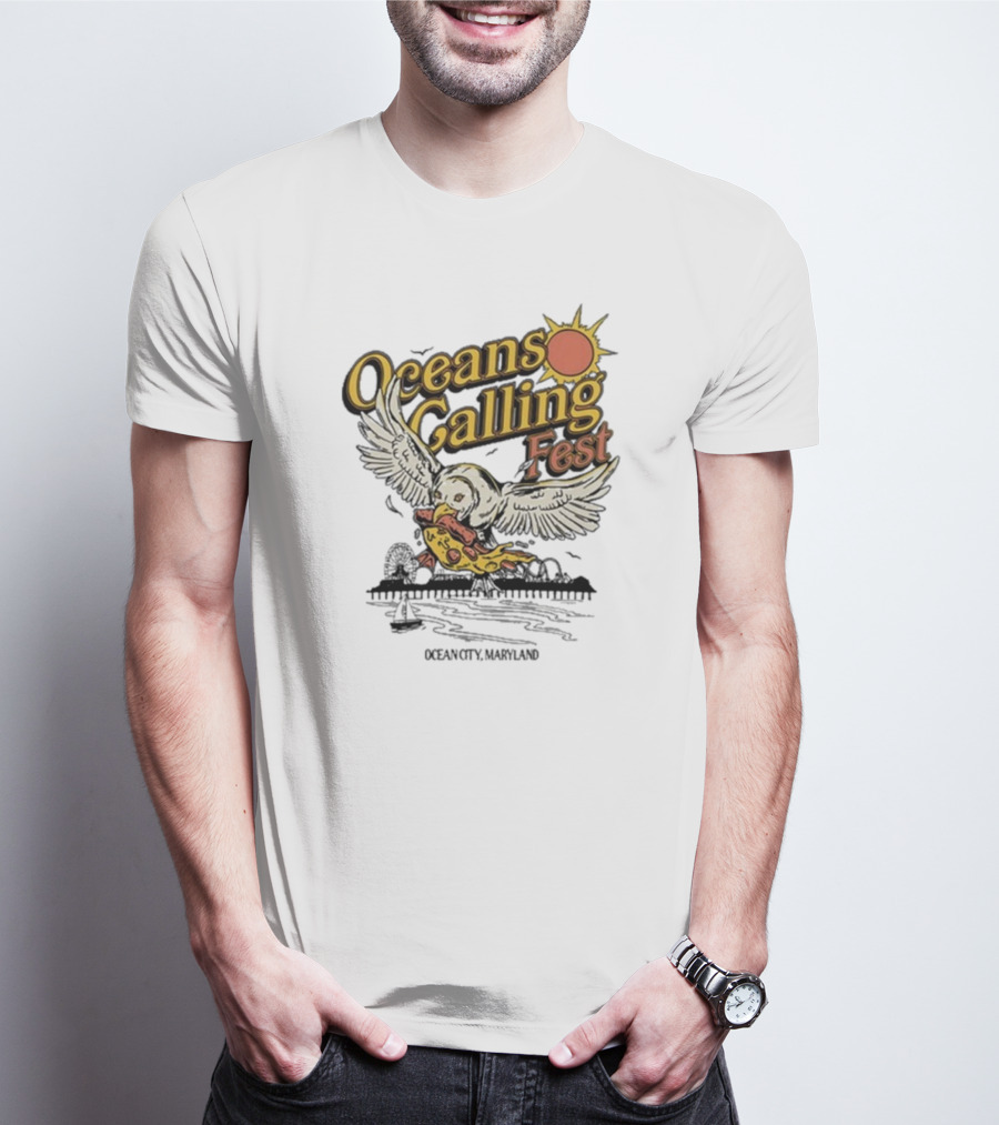 Oceans Calling Fest Seagull With Pizza Graphic T-Shirt