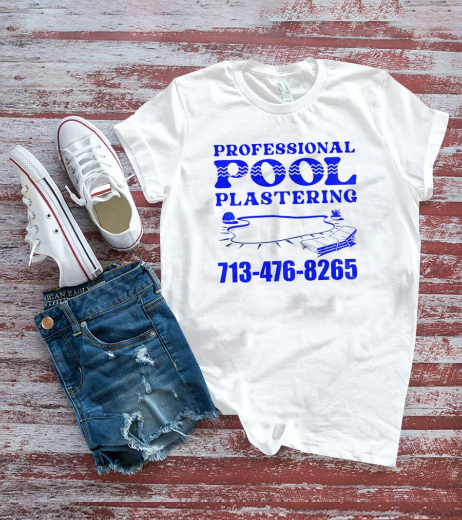 PROFESSIONAL POOL PLASTERING 713-476-8265 POOL OUTLINE COCKTAIL AND PALM TREE ICONS T-Shirt