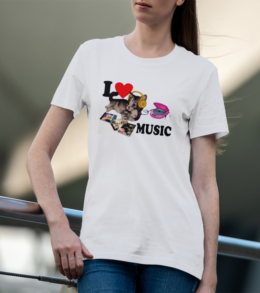 I Love Music Cat Headphones Portable CD Player Cute Cat Photos T-Shirt