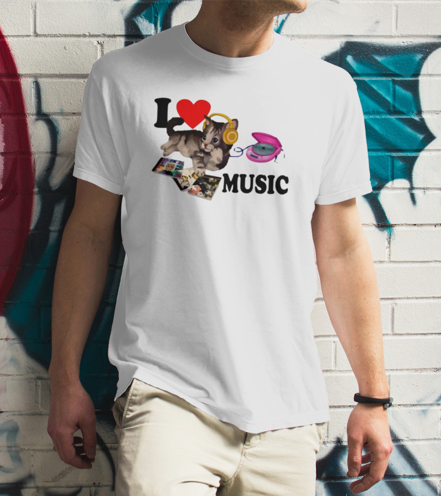 I Love Music Cat Headphones Portable CD Player Cute Cat Photos T-Shirt