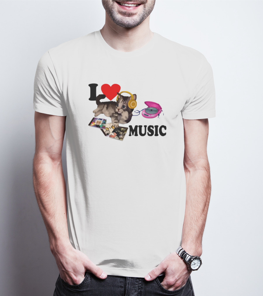 I Love Music Cat Headphones Portable CD Player Cute Cat Photos T-Shirt