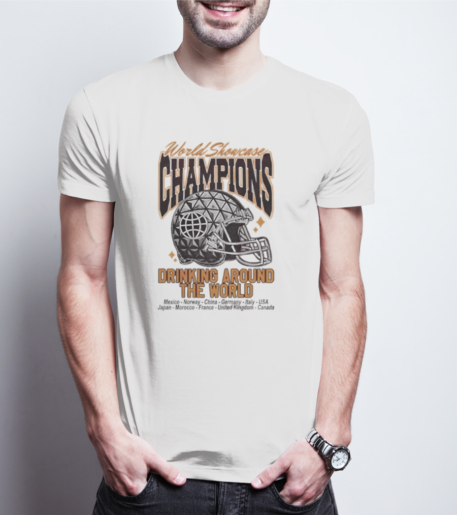 World Showcase Champions Drinking Around The World Helmet USA Canada Spaceship Earth T-Shirt