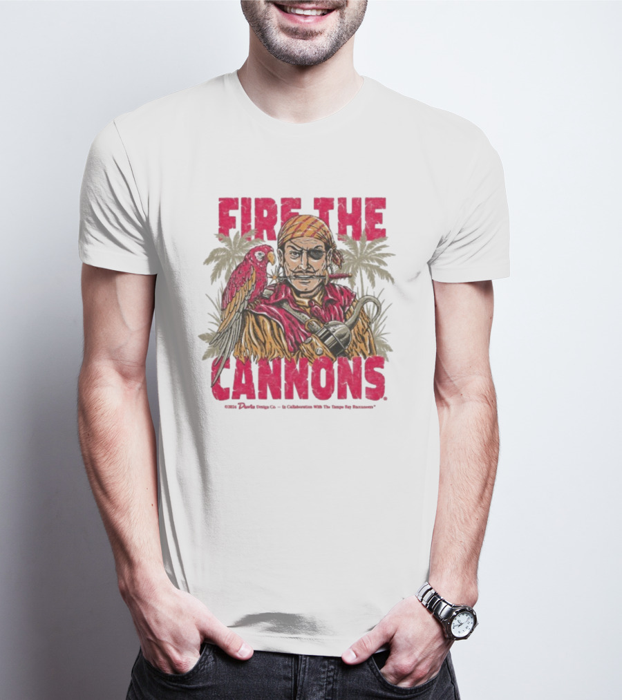 Fire The Cannons Buccaneers Pirate Parrot Palm Trees T-Shirt