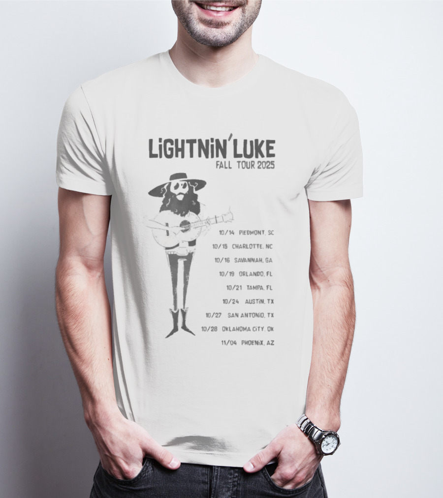 Lightnin’ Luke Fall Tour 2025 With Dates In Pendleton Charlotte Savannah Orlando Tampa Austin San Antonio Oklahoma City Phoenix T-Shirt
