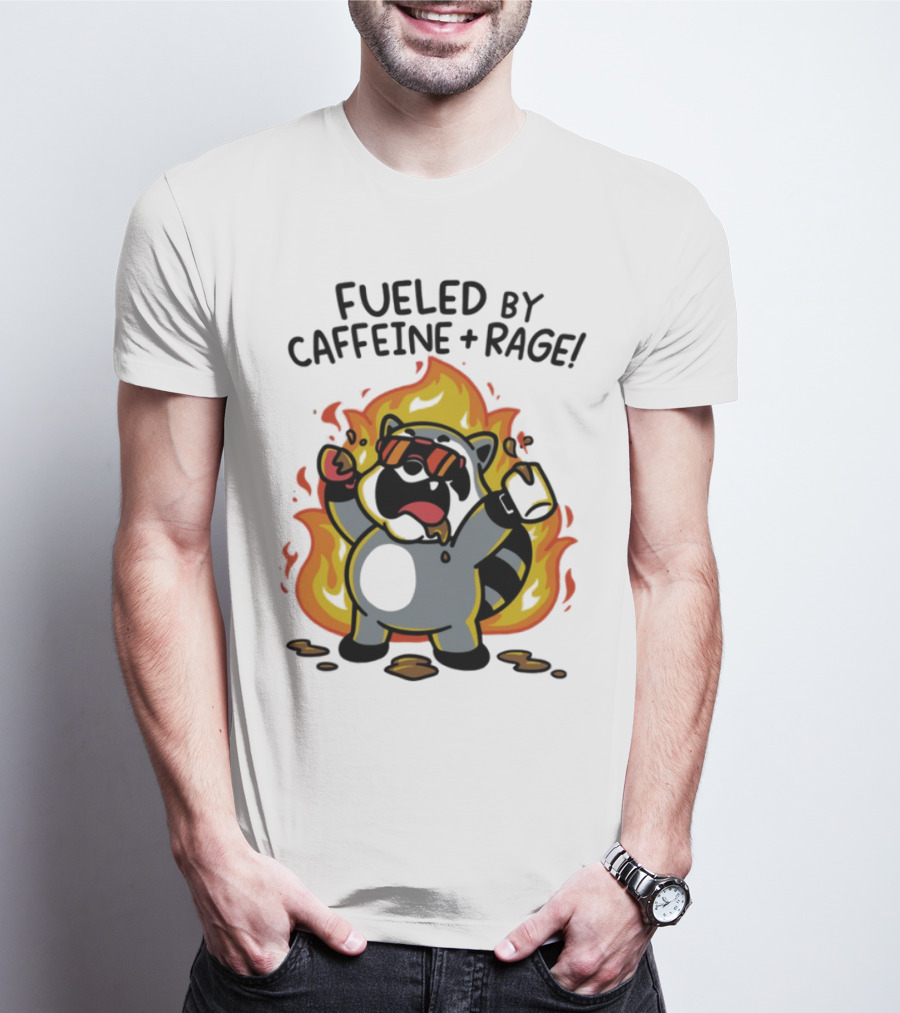 Fueled By Caffeine & Rage Cartoon Raccoon On Fire With Sunglasses T-Shirt