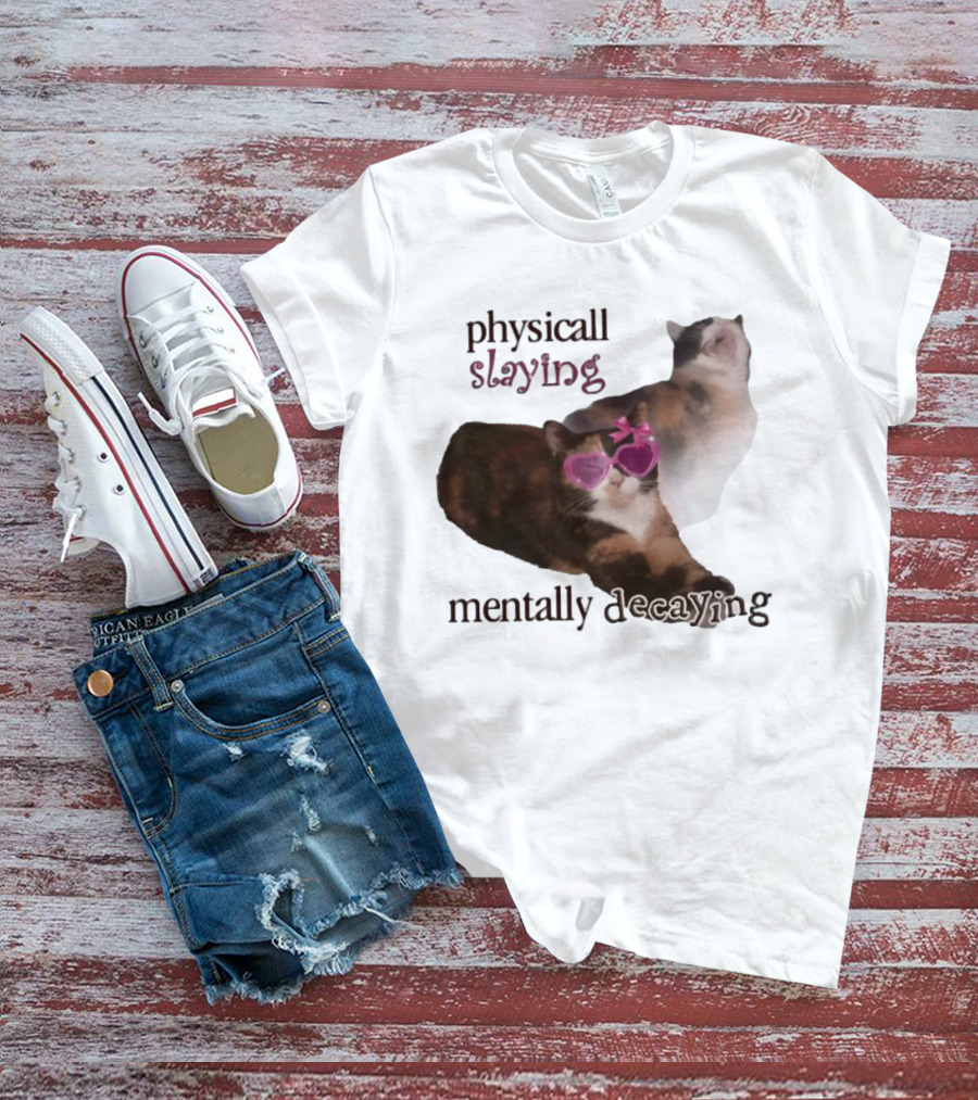 ```Snazzyseagull Physically Slaying Mentally Decaying Cat With Pink Heart Sunglasses``` T-Shirt