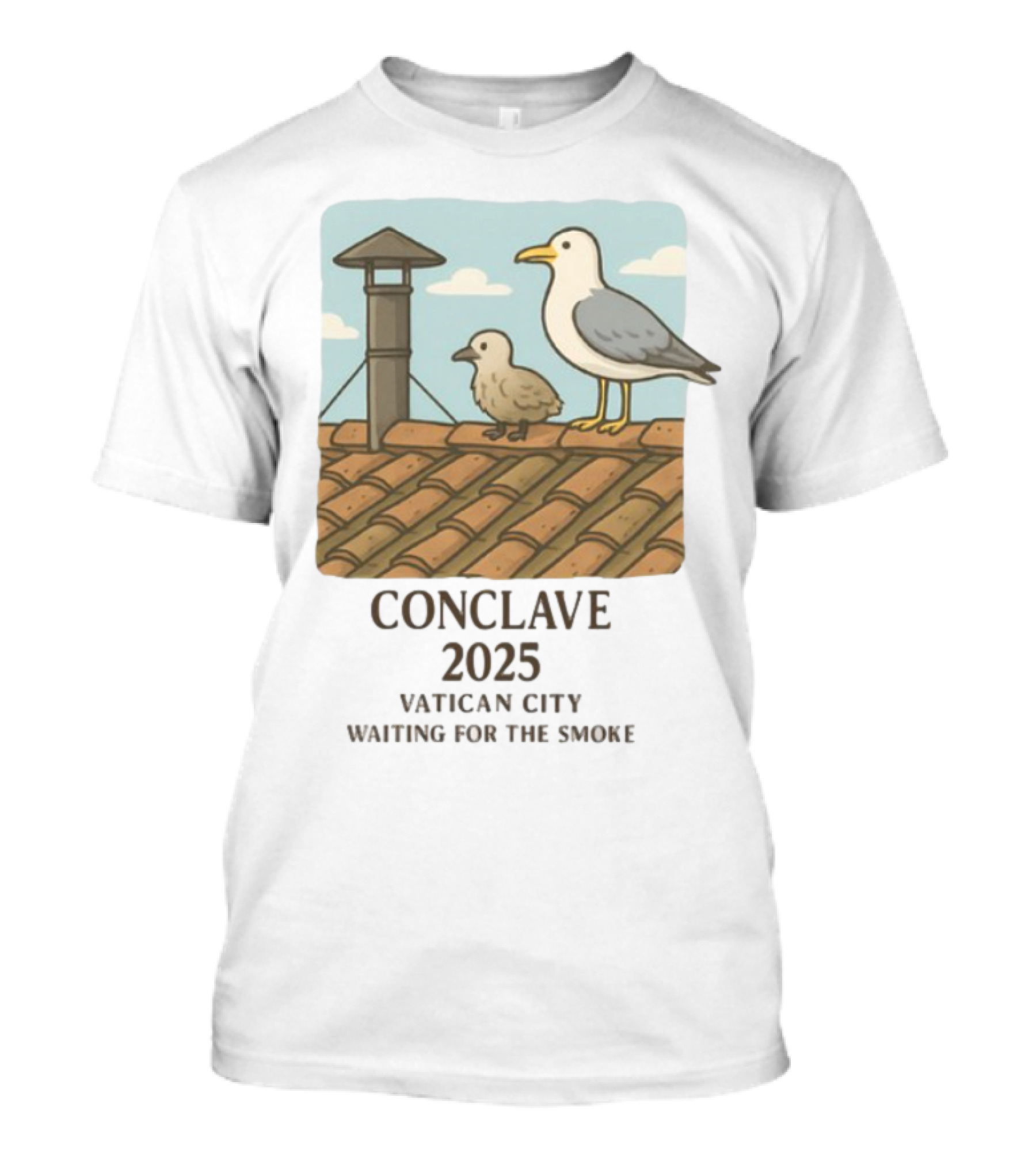 Conclave 2025 Vatican City Awaiting Papal Smoke Signal Seagulls On Roof T-Shirt