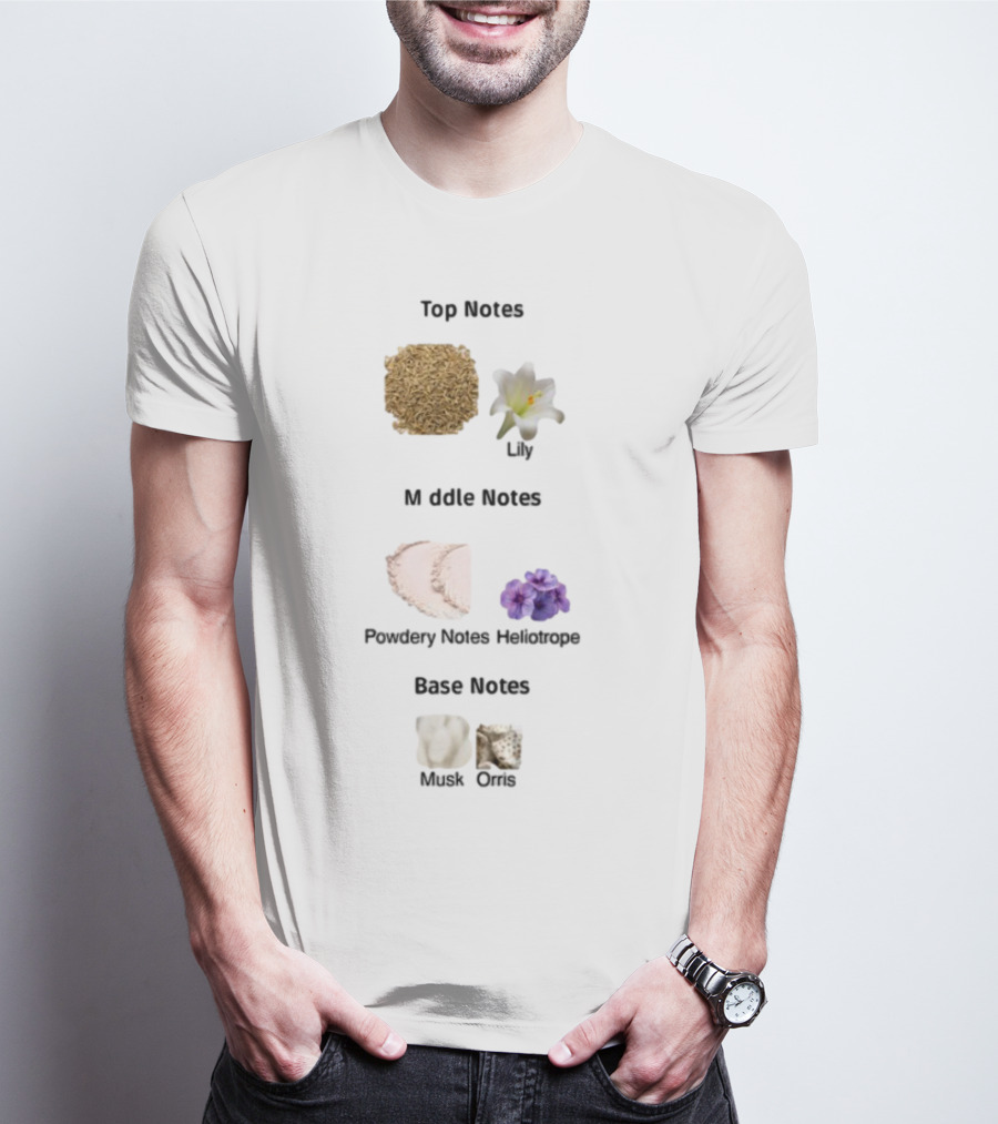 Top Notes Cumin Lily Middle Notes Powdery Heliotrope Base Notes Musk Orris T-Shirt