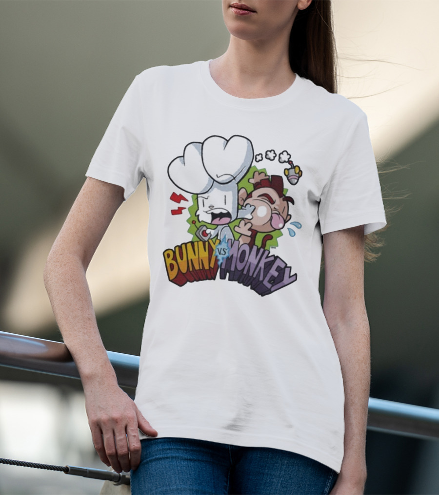 Bunny Vs Monkey Cartoon Rivalry Comic Style T-Shirt