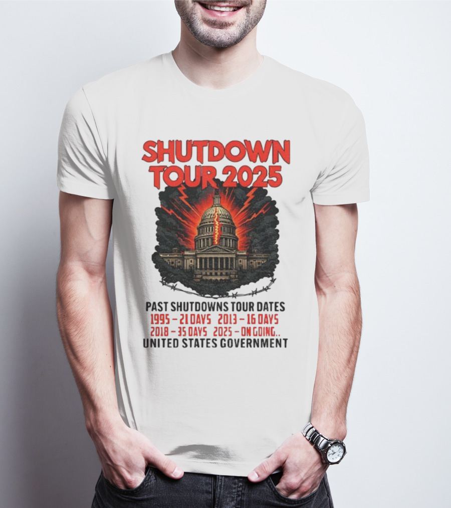 Shutdown Tour 2025 Past Shutdowns Dates 1995-21 Days 2013-16 Days 2018-35 Days 2025-On Going United States Capitol Art T-Shirt